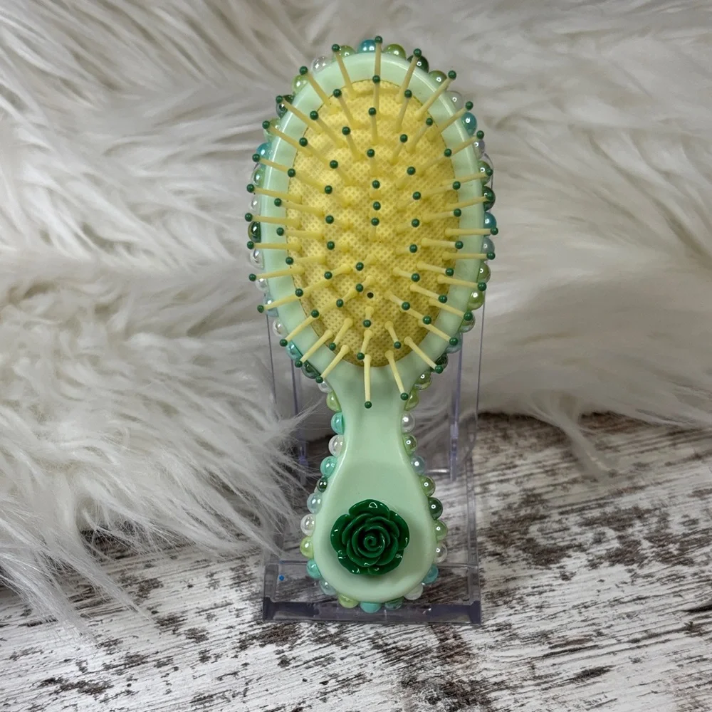 Green and Yellow Beaded Hairbrush with Tiana Doll Design